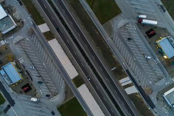 Aerial of a Parking at the highway with a gas station in the road from Lisbon to Porto