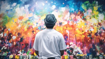 skilled painter working on a mural in a public space generative ai