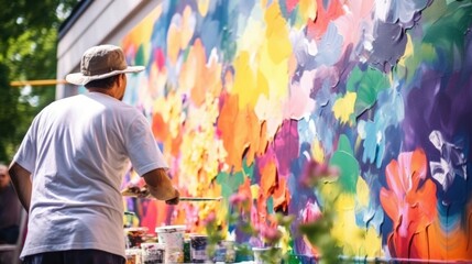 skilled painter working on a mural in a public space generative ai