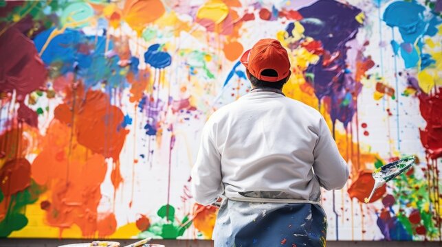 skilled painter working on a mural in a public space generative ai