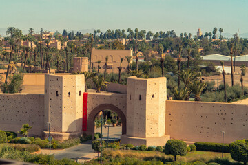 Bab Makhsan city gate with historic walls in Marrakesh, Morocco