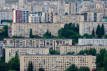 Dilapidated old residential buildings from Soviet era, called Khrushchevkas, after Soviet leader Nikita Khrushchev in Tbilisi, Georgia.