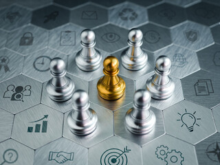 The golden pawn chess piece standing in the center of silver pawn chess pieces group with business...
