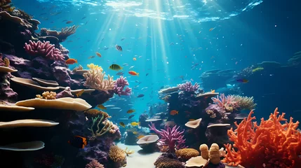 Poster Im Rahmen beautiful underwater scenery with various types of fish and coral reefs © ginstudio