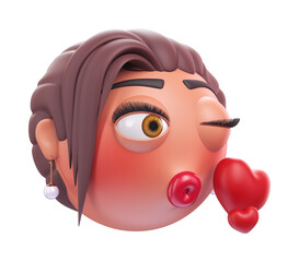 Emoji face blowing a kiss of glamour woman. Cartoon smiley on transparent background. 3D render left view