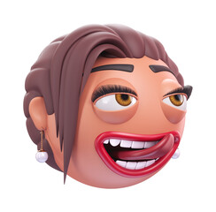 Emoji face savoring food of glamour woman. Cartoon smiley on transparent background. 3D render left view