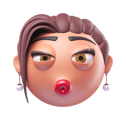 Emoji kissing face of glamour woman. Cartoon smiley on transparent background. 3D render front view