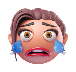 Emoji crying face of glamour woman. Cartoon smiley on transparent background. 3D render front view