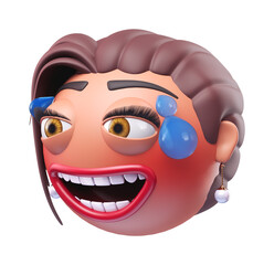 Emoji grinning face with sweat of glamour woman. Cartoon smiley on transparent background. 3D render right view