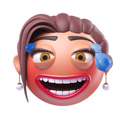 Emoji grinning face with sweat of glamour woman. Cartoon smiley on transparent background. 3D render front view