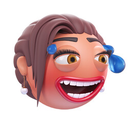 Emoji grinning face with sweat of glamour woman. Cartoon smiley on transparent background. 3D render left view