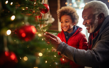 Smiling senior black african american dark-skinned grandfather and his grandson decorating a...