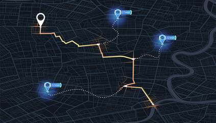 Map city with gps pins. Direction markers for navigation. Street, road, park. Destinations sing along the path. Alternative way with location system. Urban map with pointers. Vector, Black background