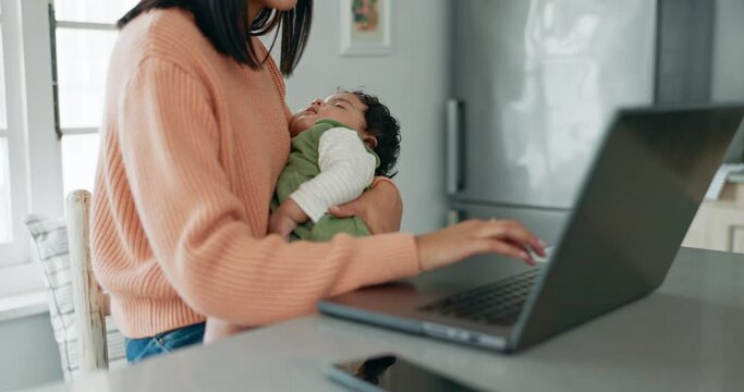 Laptop, remote work and woman with baby in kitchen working from home for freelance, business and research. Family, childcare and mother with child on computer typing email, planning or online project