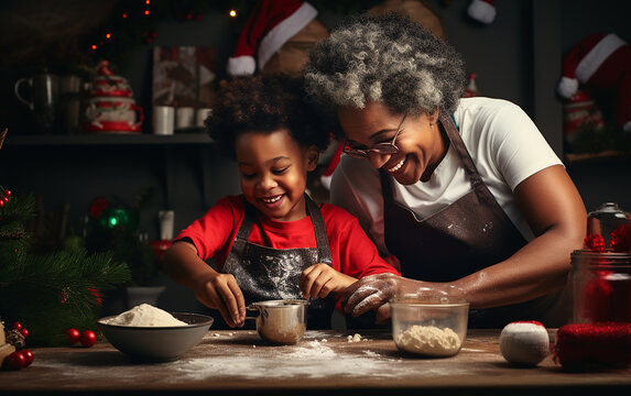 Black african american dark-skinned grandmother and grandson baking cookies at Christmas together. Holidays and celebration concept