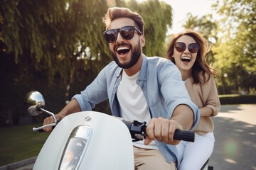Naklejka premium The couple is riding a motorbike and laughing.