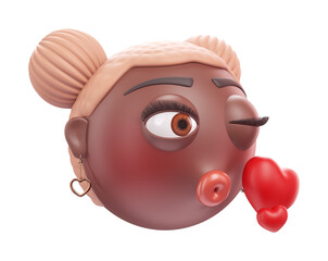 Emoji face blowing a kiss of glamour black african american woman. Cartoon smiley on transparent background. 3D render left view