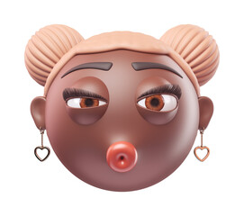 Emoji kissing face of glamour black african american woman. Cartoon smiley on transparent background. 3D render front view
