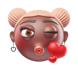 Emoji face blowing a kiss of glamour black african american woman. Cartoon smiley on transparent background. 3D render front view