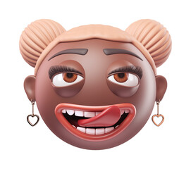 Emoji face savoring food of glamour black african american woman. Cartoon smiley on transparent background. 3D render front view