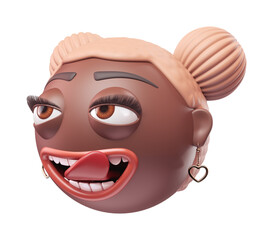 Emoji face savoring food of glamour black african american woman. Cartoon smiley on transparent background. 3D render right view