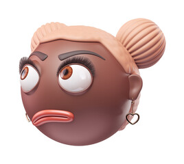 Emoji face with rolling eyes of glamour black african american woman. Cartoon smiley on transparent background. 3D render right view