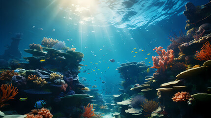 Obraz na płótnie Canvas beautiful underwater scenery with various types of fish and coral reefs