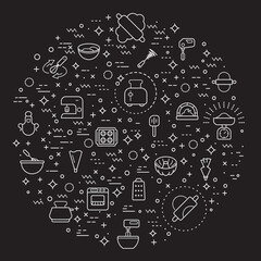 Simple Set of baking tool Related Vector Line Illustration. Contains such Icons as kitchen utensils, equipment, apron, kitchenware, bakery, scales, dough, rolling pin, oven and Other Elements.