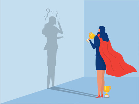 Imposter syndrome, Mental psychology concept.woman looking shadow her self on wall background with,Doubt, low self-esteem.Person doubtful in skills, talents. Flat graphic vector illustration