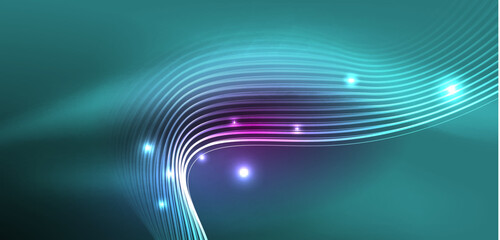 Shiny glowing neon wave. Neon light or laser show, electric impulse, power lines, techno quantum energy impulse, magic glowing dynamic lines