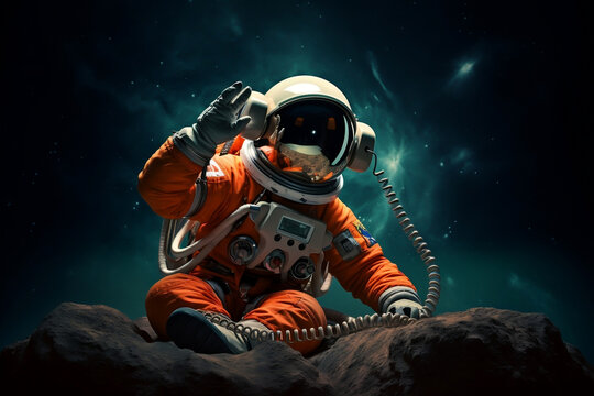 An astronaut listening to music with large retro headphones in outer space