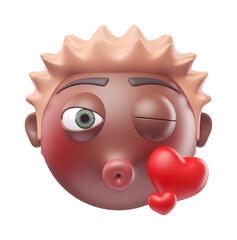 Emoji face blowing a kiss of funny black african american man. Cartoon smiley on transparent background. 3D render front view