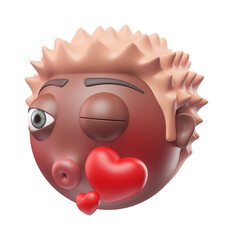 Emoji face blowing a kiss of funny black african american man. Cartoon smiley on transparent background. 3D render right view