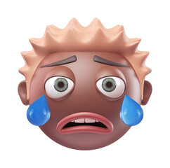 Emoji crying face of funny black african american man. Cartoon smiley on transparent background. 3D render front view