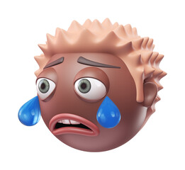 Emoji crying face of funny black african american man. Cartoon smiley on transparent background. 3D render right view