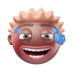 Emoji grinning face with sweat of funny black african american man. Cartoon smiley on transparent background. 3D render front view