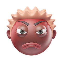 Emoji angry face of funny black african american man. Cartoon smiley on transparent background. 3D render front view