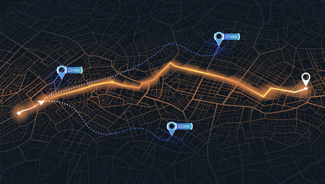 Isometric map. Map mobile app planning travel. Alternative way with location system. City map route, location symbols and navigational system mark. Vector, illustration isolated on black background.