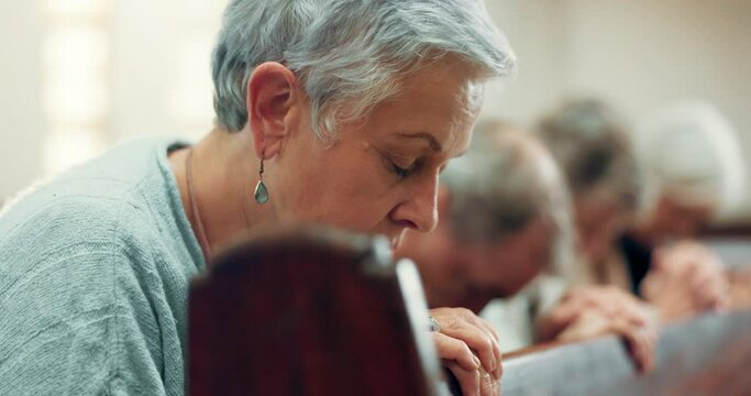 Elderly, prayer or old woman in church for God, holy spirit or religion in cathedral or Christian community. Faith, spiritual lady or senior person in chapel or sanctuary to praise Jesus Christ