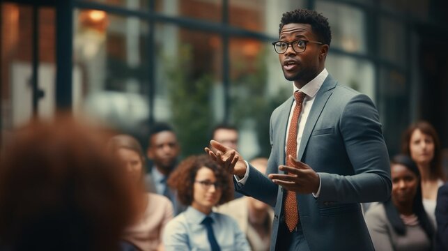 Professional leader giving corporate presentation, Male speaker giving lecture, African American male professional in a meeting, Generative Ai
