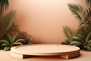 abstract background with round podium and tropical leaves. Scene for product presentation