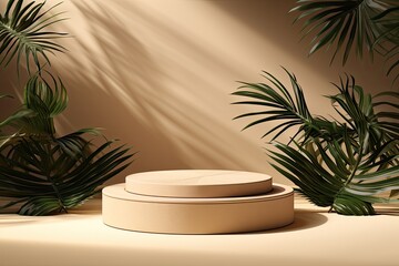 Fototapeta na wymiar abstract background with round podium and tropical leaves. Scene for product presentation