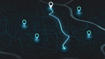 Isometric Gps map navigation to own house. City top view. View from above. Detailed view of city. Decorative graphic tourist map. Abstract transportation. Black background. Vector, illustration