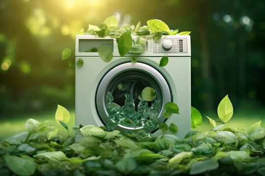An eco-friendly Washing Machine covered in greenery and leaves