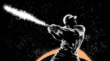 Illustration of baseball player swinging a bat with electric flares and with a background of ink splatter.. 
This image was created using AI generative technology.	