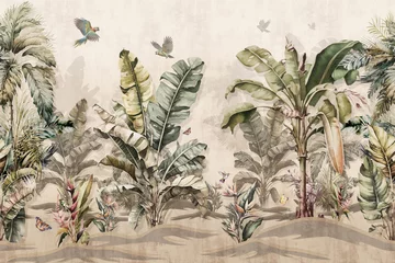 Fotobehang Grunge vlinders tropical banana leaf pattern wallpaper with parrot birds and butterflies with a beige background .