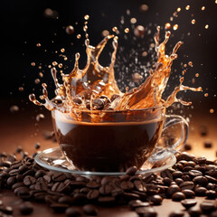 splash and splatter from a piece of sugar in a mug with coffee on a black background