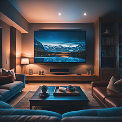  Home cinema, living room with colored LED lighting - Smart home. Big Tv In A Living Room. Elegant living room with big tv screen. Colored LED lit living room with home theater. Generative Ai.