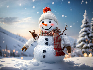 Obraz premium Happy snowman standing in winter christmas landscape.Snow background. 
