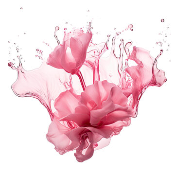 pink rose petals and liquid splash frozen in an abstract futuristic 3d texture isolated on a transparent background, generative ai